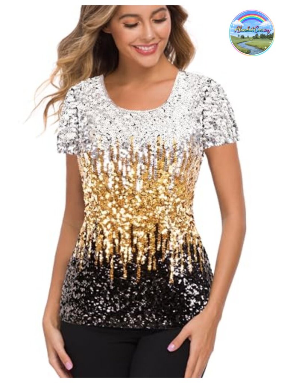 Full Sequin Glitter Party Top Short Sleeve Sparkle Blouse for Dance Prom